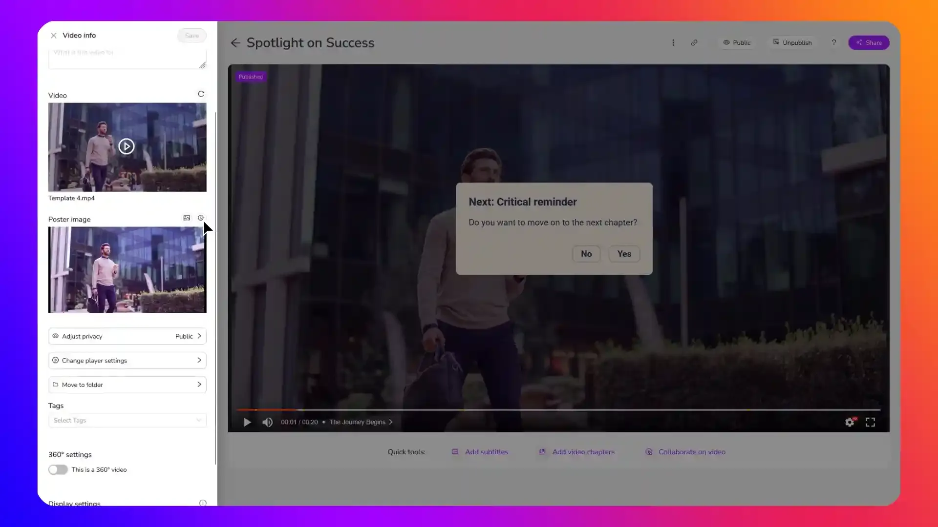 Managing interactive hosted videos with custom thumbnails, subtitles, and privacy settings using Cinema8’s professional video hosting dashboard.